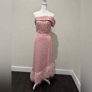 Off-Shoulder Pink Pearl & Feather Evening Dress